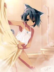 Rule 34 | 1girl, animal ears, bath, bottomless, breasts, bubble, camisole, cat ears, cat tail, highres, kawata hisashi, nipples, original, see-through, shirt, showering, signature, small breasts, solo, tail, wet, wet clothes, wet shirt