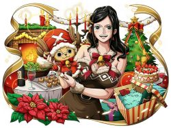 Rule 34 | 1boy, 1girl, alcohol, black hair, blue eyes, breasts, candle, christmas, christmas tree, cleavage, fireplace, food, gift, large breasts, large hat, long hair, md5 mismatch, nico robin, one piece, reindeer, sitting, sitting on lap, sitting on person, smile, source request, thick thighs, thighs, tony tony chopper, wine