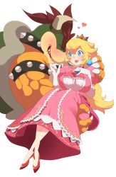 Rule 34 | 1boy, 1girl, bad id, bad pixiv id, blonde hair, bowser, breasts, carrying, claws, crown, dress, furry, furry male, horns, koopa, large breasts, mario (series), monster, monster boy, nintendo, pink dress, princess carry, princess peach, simple background, smile, spikes, turtle shell, white background, zabumaku