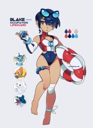 Rule 34 | 1girl, absurdres, blue eyes, blue hair, blue one-piece swimsuit, braid, breasts, buizel, character name, cleavage, cleavage cutout, clothing cutout, commentary, constellor, creatures (company), dive ball, earrings, elbow gloves, english commentary, eyewear on head, fingerless gloves, game freak, gen 1 pokemon, gen 3 pokemon, gen 4 pokemon, gloves, highres, holding, holding poke ball, innertube, jewelry, medium breasts, multicolored eyes, nintendo, one-piece swimsuit, original, poke ball, pokemon, red eyes, seel, sharpedo, short hair, side braid, solo, sunglasses, swim ring, swimsuit, thigh strap, turtleneck, twitter username, vaporeon