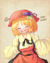 Rule 34 | 1girl, aki minoriko, apron, arinu, blonde hair, blush, breasts, closed eyes, food, fruit, grapes, hard-translated, hat, long sleeves, open mouth, smile, solo, third-party edit, touhou, translated