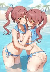 Rule 34 | 2girls, absurdres, arched back, ass, beach, bikini, blue ribbon, blue sailor collar, blue sky, blurry, blurry background, blush, breast press, breasts, closed mouth, cloud, day, hair between eyes, hair ribbon, highres, hug, idolmaster, idolmaster shiny colors, leaning forward, long hair, looking at viewer, medium breasts, multiple girls, navel, osaki amana, osaki tenka, outdoors, palm tree, parted lips, pout, raised eyebrows, ribbon, sailor collar, sailor swimsuit (idolmaster), see-through, siblings, side ponytail, sisters, sky, swimsuit, tearing up, thighs, tree, v-shaped eyebrows, wading, wanimaru, water, wet, wet hair, white bikini, white ribbon, yellow eyes