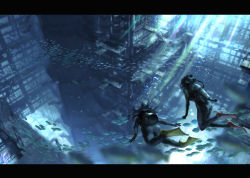 Rule 34 | 2girls, ass, bad id, bad pixiv id, black hair, blurry, bodysuit, building, denki, depth of field, diving, diving suit, facing away, fish, flippers, floating hair, flood, from behind, letterboxed, light beam, light rays, long hair, multiple girls, original, oxygen tank, ruins, scenery, school of fish, scuba, stairs, underwater, wetsuit