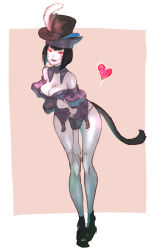 Rule 34 | 1girl, animal ears, bare shoulders, black hair, black hat, breast hold, breasts, cat ears, cat girl, cat tail, cleavage, colored skin, detached collar, detached sleeves, facial mark, feathered wings, final fantasy, final fantasy xiv, full body, hand on own arm, hat, hat feather, heart, highres, kuroimori, looking at viewer, medium breasts, miqo&#039;te, puffy sleeves, purple lips, red eyes, shady smock, sleeves past elbows, solo, standing, tail, top hat, white skin, wings