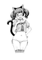 Rule 34 | 1girl, animal ears, bikini, bikini bottom only, bow, cat ears, cat tail, cleft of venus, crop top, cropped legs, earrings, extra ears, finger to mouth, glasses, gluteal fold, greyscale, groin, hair bow, hand on own hip, heart, heart-shaped pupils, heart earrings, jewelry, lowleg, lowleg bikini, monochrome, navel, no pants, one eye closed, open mouth, original, school uniform, serafuku, short hair, side-tie bikini bottom, simple background, smile, solo, swimsuit, symbol-shaped pupils, tail, takurou, teeth, thigh gap, thighhighs, twintails, upper teeth only, white background