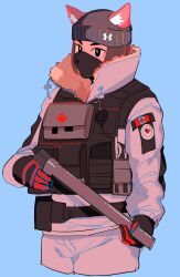 Rule 34 | 1girl, absurdres, animal ear fluff, animal ears, black eyes, black hat, black mask, blue background, brown hair, canadian flag, cat ears, cropped legs, frost (rainbow six siege), gloves, hat, high collar, highres, holding, holding weapon, jacket, long sleeves, looking at viewer, mask, mouth mask, ningensei, rainbow six siege, short hair, simple background, solo, tactical clothes, weapon, woollen cap