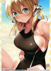 Rule 34 | 1girl, absurdres, anchor hair ornament, animal ears, aqua eyes, artist name, black one-piece swimsuit, blonde hair, blush, breasts, cat ears, collarbone, competition swimsuit, fingernails, hair ornament, highres, inuzumi masaki, kantai collection, large breasts, long hair, looking at viewer, one-piece swimsuit, open mouth, prinz eugen (kancolle), pulling own clothes, scan, simple background, solo, swimsuit, tan, tanline, twitter username, water, water drop, wet