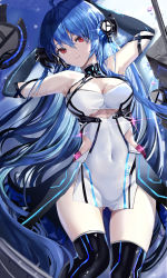 Rule 34 | 1girl, absurdres, age fx, ahoge, armpits, arms up, azur lane, bare shoulders, black gloves, black thighhighs, blue hair, breasts, chinese commentary, cleavage, closed mouth, clothing cutout, commentary request, covered navel, cowboy shot, dress, elbow gloves, gloves, gluteal fold, hair between eyes, hair ornament, headgear, helena (azur lane), helena (meta) (azur lane), highres, long hair, looking at viewer, lying, medium breasts, mixed-language commentary, on back, partial commentary, pelvic curtain, red eyes, searchlight, side cutout, sidelocks, skindentation, sleeveless, sleeveless dress, smile, solo, thighhighs, thighs, underboob, underboob cutout, very long hair, waist cape, white dress, zettai ryouiki