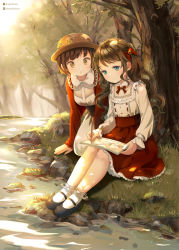 Rule 34 | 2girls, :o, ankle socks, arm support, black footwear, black hair, blue eyes, boater hat, bob cut, brown eyes, cardigan, commentary, day, drawing, dress, english commentary, flower, forest, grass, hair ribbon, hat, hat flower, highres, holding, holding pencil, instagram username, kamui (kamuikaoru), kneeling, knees up, lace, lace-trimmed collar, lace-trimmed legwear, lace trim, leaning forward, light particles, lolita fashion, long hair, long sleeves, looking at another, looking down, mary janes, multiple girls, nature, on ground, open cardigan, open clothes, original, outdoors, pencil, petticoat, red cardigan, red neckwear, red skirt, ribbon, river, rock, shirt, shoes, short hair, sketchbook, skirt, smile, socks, straw hat, tree, twitter username, under tree, underbust, very long hair, wavy hair, white dress, white legwear, white shirt