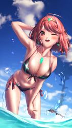 Rule 34 | 1girl, ;d, absurdres, arm behind head, arm up, armpits, bent over, bikini, black bikini, blush, breasts, chest jewel, cleavage, collarbone, earrings, hakusai (hksicabb), headpiece, highres, jewelry, large breasts, looking at viewer, navel, neon trim, one eye closed, open mouth, pyra (xenoblade), red eyes, red hair, red ribbon, ribbon, short hair, side-tie bikini bottom, smile, solo focus, swept bangs, swimsuit, tiara, wading, water, water drop, wet, xenoblade chronicles (series), xenoblade chronicles 2
