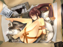 Rule 34 | 1girl, armor, barefoot, bdsm, black panties, blush, bondage, bound, box, brown eyes, brown hair, cardboard box, feet, highres, in container, long hair, looking at viewer, monster hunter (series), nude, open mouth, panties, plastic wrap, ponytail, red hair, solo, toes, twintails, underwear, zi-dabu