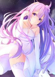 Rule 34 | 1girl, aged up, ahoge, azur lane, bare shoulders, blush, breasts, closed mouth, collarbone, commentary request, criss-cross halter, dress, elbow gloves, gloves, hair bun, hair ornament, halterneck, hand up, highres, leaning forward, long hair, looking at viewer, medium breasts, purple eyes, purple hair, side bun, single side bun, solo, standing, stuffed unicorn, tatapopo, thighhighs, unicorn (azur lane), very long hair, white dress, white gloves, white thighhighs