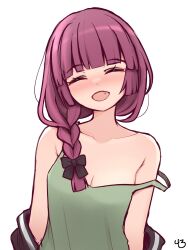 Rule 34 | 1girl, blush, bocchi the rock!, braid, braided ponytail, closed eyes, collarbone, drunk, facing viewer, fang, green tank top, highres, hiroi kikuri, jacket, long hair, m r b, off shoulder, open mouth, purple hair, simple background, smile, solo, tank top, upper body, white background