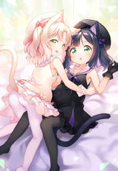 Rule 34 | 2girls, animal ears, ass, black dress, black gloves, black hair, black headwear, black legwear, blonde hair, blush, bow, cat ears, cat tail, collarbone, commentary, dress, gloves, green eyes, hair bow, hair ribbon, hat, highres, kito (sorahate), looking at viewer, multiple girls, no shoes, open mouth, original, pantyhose, ribbon, sailor collar, sleeveless, sleeveless dress, smile, symbol-only commentary, tail, white dress, white gloves, white headwear, white legwear