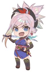 Rule 34 | 1girl, :d, big head, blue eyes, breasts, bright pupils, chibi, comiket 95, commentary request, dot nose, dual wielding, eyelashes, eyes visible through hair, fate/grand order, fate (series), floral print, full body, highres, holding, kujuu shikuro, looking at viewer, miyamoto musashi (fate), miyamoto musashi (first ascension) (fate), obi, open mouth, over shoulder, print sash, ringed eyes, sash, simple background, smile, solo, standing, sword, sword over shoulder, v-shaped eyebrows, weapon, weapon over shoulder, white background