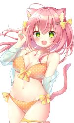 Rule 34 | 1girl, :d, animal ear fluff, animal ears, aqua nails, arm behind back, bikini, bow, bow bikini, breasts, cat ears, cat tail, fang, green eyes, hair bow, halterneck, hamico, highres, jewelry, large breasts, leg ribbon, long sleeves, looking at viewer, medium hair, nail polish, navel, necklace, off shoulder, open clothes, open mouth, open shirt, original, pink hair, polka dot, polka dot bikini, ribbon, see-through, see-through shirt, side-tie bikini bottom, skin fang, smile, swimsuit, tail, thigh ribbon, two side up, v, yellow bow, yellow ribbon
