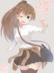 Rule 34 | 10s, 1girl, artist name, bad id, bad nicoseiga id, blouse, blue eyes, brown hair, brown skirt, brown thighhighs, dated, grey background, heart, highres, kantai collection, kumano (kancolle), long hair, long sleeves, one eye closed, open mouth, pleated skirt, shirt, skirt, smile, solo, teeth, thighhighs, translated, white shirt, yopan danshaku