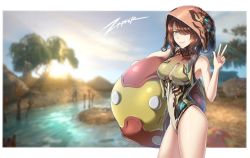 Rule 34 | 1girl, ball, beach, beachball, blue eyes, body armor, bodysuit, brown hair, cleavage cutout, clothing cutout, commentary, hair over one eye, headgear, humanization, ivara (warframe), looking at viewer, multicolored bodysuit, multicolored clothes, outdoors, shore, short hair, smile, solo, swimsuit, v, warframe, water, zxpfer