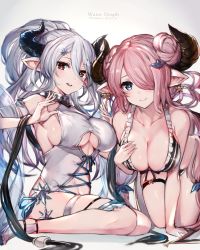 Rule 34 | 10s, 2girls, adjusting clothes, adjusting swimsuit, bare shoulders, bikini, blue eyes, breasts, cleavage, clothing cutout, collarbone, cross-laced clothes, double bun, draph, granblue fantasy, hair between eyes, hair bun, hair ornament, hair over one eye, hairclip, hand on own chest, highres, hip focus, horns, izmir, izmir (summer) (granblue fantasy), kneeling, large breasts, leaning forward, legs, long hair, looking at viewer, mole, mole under mouth, multiple girls, narmaya (granblue fantasy), one-piece swimsuit, open mouth, pink hair, pointy ears, ponytail, red eyes, sandals, sash, sideboob, sidelocks, silver hair, sitting, smile, swimsuit, thigh strap, thighs, underboob, underboob cutout, very long hair, wariza, watao, white bikini, white one-piece swimsuit