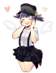 Rule 34 | 10s, 1girl, abe (kumayu), blue hair, hands on own cheeks, hands on own face, hat, heart, highres, kantai collection, ooshio (kancolle), short hair, smile, solo, suspenders, twintails, wings
