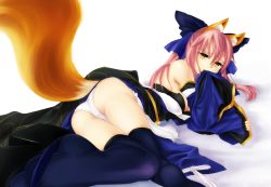 Rule 34 | 10s, 1girl, 3 (zephyr), animal ears, ass, cameltoe, fate/extra, fate (series), fox ears, fox tail, highres, long hair, panties, pink hair, ribbon, solo, tail, tamamo no mae (fate/extra), thighhighs, underwear, yellow eyes