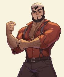 Rule 34 | 1boy, absurdres, arm hair, bara, beard, belt, black belt, black hair, black pants, chest hair, clenched hand, closed mouth, collared shirt, facial hair, helbai, highres, large pectorals, looking at viewer, male focus, multicolored hair, muscular, muscular male, original, pants, pectorals, red shirt, shirt, short hair, simple background, sleeves rolled up, smile, solo, two-tone hair, white shirt