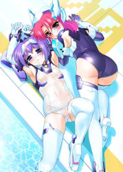 Rule 34 | 2girls, armor, ass, blue eyes, blush, crueltear, elbow gloves, exelica, gloves, multiple girls, one-piece swimsuit, pool, purple hair, red eyes, red hair, sasayuki, school swimsuit, see-through, shiny clothes, swimsuit, thighhighs, trigger heart exelica, wet, white one-piece swimsuit, white school swimsuit