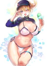 Rule 34 | 1girl, absurdres, artoria pendragon (fate), baseball cap, bikini, blonde hair, blue eyes, blue hat, blush, breasts, cleavage, fate/grand order, fate (series), food, hanasaka houcha, hat, highres, ice cream, ice cream cone, large breasts, long hair, looking at viewer, mysterious heroine x (fate), mysterious heroine xx (fate), navel, one eye closed, open mouth, ponytail, shrug (clothing), side-tie bikini bottom, smile, solo, swimsuit, thigh strap, white bikini