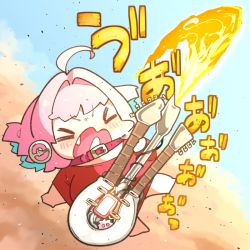 Rule 34 | 1girl, ahoge, airborne, barefoot, blue hair, blue sky, blush, breasts, chibi, closed eyes, cloud, collar, commentary request, fang, fire, full body, guitar, holding, idolmaster, idolmaster cinderella girls, instrument, large breasts, mad max, mad max: fury road, multicolored hair, no pants, open mouth, outstretched arm, oversized clothes, oversized shirt, pink hair, red shirt, shirt, short hair, sky, solo, takato kurosuke, the doof warrior, two-tone hair, v-shaped eyebrows, yumemi riamu