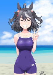 Rule 34 | 1girl, ahoge, animal ears, arm behind back, artist name, beach, black hair, blue one-piece swimsuit, blue sky, breasts, closed eyes, cloud, cloudy sky, commentary request, competition school swimsuit, competition swimsuit, ear ornament, facing viewer, grin, hair between eyes, highres, horse ears, horse girl, horse tail, kitasan black (umamusume), medium breasts, multicolored hair, ocean, one-piece swimsuit, outdoors, sand, school swimsuit, short hair, sky, smile, solo, streaked hair, swimsuit, t2r, tail, tracen swimsuit, umamusume, v, water, white hair
