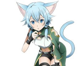 Rule 34 | 1girl, animal ears, armor, black ribbon, black shorts, blue eyes, blue hair, bow, breastplate, cat ears, cat tail, hair bow, hair ribbon, leaning forward, looking at viewer, midriff, navel, parted lips, ribbon, shiny skin, short hair with long locks, short shorts, shorts, sinon, sinon (sao-alo), solo, standing, stomach, sword art online, tail, thigh strap, transparent background, twintails