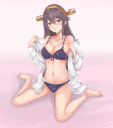 Rule 34 | 10s, 1girl, barefoot, black hair, blush, bra, breasts, brown eyes, cleavage, collarbone, dress shirt, eyelashes, full body, gradient background, haruna (kancolle), headgear, irohakaede, jewelry, kantai collection, lips, long hair, looking at viewer, medium breasts, navel, paisley, panties, parted lips, pink background, purple bra, purple panties, ring, shirt, sitting, solo, swept bangs, underwear, undressing, wedding band