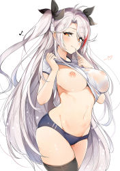 Rule 34 | 1girl, antenna hair, azur lane, black thighhighs, blue buruma, breasts, buruma, closed mouth, clothes lift, cowboy shot, finger to mouth, groin, gym uniform, hair ribbon, hands up, heart, highres, large breasts, lifted by self, long hair, looking at viewer, luse maonang, mole, mole on breast, multicolored hair, musical note, navel, nipples, no bra, orange eyes, prinz eugen (azur lane), red hair, ribbon, shirt, shirt lift, short sleeves, simple background, smile, solo, standing, stomach, streaked hair, thighhighs, thighs, two side up, very long hair, white background, white hair, white shirt