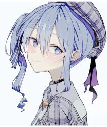 Rule 34 | 1girl, absurdres, arms at sides, beret, black ribbon, blue eyes, blue hair, blush, border, closed mouth, collared shirt, earrings, grey hat, grey shirt, hair between eyes, hair ribbon, hat, highres, hololive, hoshimachi suisei, jewelry, karyln, layered shirt, long hair, looking at viewer, plaid, plaid headwear, plaid shirt, portrait, ribbon, sailor collar, shirt, side ponytail, sidelocks, simple background, smile, solo, star (symbol), star earrings, virtual youtuber, white background, white border, white sailor collar, white shirt