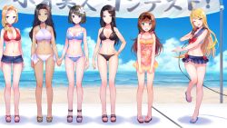 Rule 34 | 6+girls, ahoge, bare legs, beach, bikini, bikini bottom only, black bikini, black hair, blonde hair, blue eyes, blush, breasts, choker, cleavage, closed mouth, cloud, competition swimsuit, day, feet, female focus, flat chest, flower, frills, full body, groin, hair flower, hair ornament, holding hands, hand on own hip, hands up, happy, holding, holding microphone, kogado, large breasts, legs, legs apart, lineup, long hair, looking at viewer, low ponytail, medium breasts, medium hair, microphone, miniskirt, multiple girls, navel, ocean, one-piece swimsuit, one eye closed, open mouth, otori ai, outdoors, ponytail, purple eyes, sand, sandals, short hair, short shorts, shorts, shy, skirt, sky, smile, standing, standing on one leg, swimsuit, tachibana nana, thigh gap, thighs, toes, water, white bikini, yellow eyes, yumeututu re： master