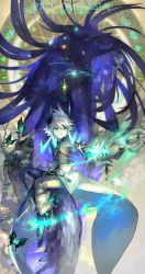 Rule 34 | 1boy, animal, bad id, bad pixiv id, bird, branch, bug, butterfly, fantasy, flower, glowing, glowing eyes, glowing hair, glowing hand, green eyes, green hair, horns, hou (ppo), insect, lizard, lotus, magic, male focus, matching hair/eyes, pale skin, pixiv fantasia, pixiv fantasia fallen kings, pointing, silver hair, sitting, smile, solo