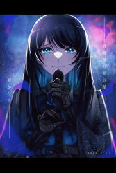 Rule 34 | 1girl, absurdres, ado (utaite), black gloves, black hair, blue eyes, blue hair, blush, chando (ado), closed mouth, cloud nine inc, colored inner hair, dated, floral print, gloves, highres, holding, holding microphone, lace, lace gloves, letterboxed, long hair, long sleeves, looking at viewer, microphone, mole, mole under eye, multicolored hair, smile, solo, spica (spica5f9ea0), straight-on, straight hair, tearing up, translated, twitter username, upper body, wavy mouth