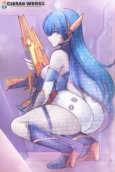 absurdres artist_name ass back blue_hair breasts camouflage ciaran commission commissioner_upload gun highres holding holding_gun holding_weapon large_breasts lawine_(strinova) patreon_logo purple_eyes single_bare_shoulder squatting strinova subscribestar_logo transparent weapon