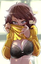 Rule 34 | 1girl, artist name, black bra, blush, bra, breasts, brown eyes, brown hair, clothes lift, covering own mouth, floral print, haysey, highres, kawakami sadayo, large breasts, lifted by self, light, looking at viewer, persona, persona 5, shirt, shirt lift, short hair, shy, solo, striped clothes, striped shirt, sweater, underwear, yellow sweater
