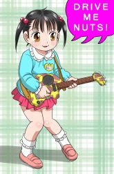 Rule 34 | 1girl, :3, absurdres, black hair, blue shirt, blush, brown eyes, electric guitar, green background, guitar, hair bobbles, hair ornament, highres, holding, instrument, kindergarten uniform, looking to the side, marup, music, name tag, open mouth, pink footwear, plaid, plaid background, playing instrument, red skirt, saeko-chan (marup), school uniform, shirt, shoes, short hair, skirt, smile, socks, standing, twintails, white legwear