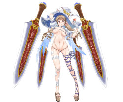 Rule 34 | 1girl, angel wings, bandaid, big sword, bikini, bikini top only, blonde hair, breasts, chanpurux, covered erect nipples, covering privates, covering nipples, detached collar, drill hair, feet, fingerless gloves, full body, game cg, gloves, groin, hair ribbon, hat, henshin shoujo chelsea, highres, large breasts, large hat, legs, long hair, looking at viewer, micro bikini, navel, nipples, parted lips, partially visible vulva, platform clogs, pussy, red eyes, ribbon, sandals, shiny skin, short sleeves, simple background, solo, standing, swimsuit, sword, thighs, thong, toes, twintails, weapon, white background, wings
