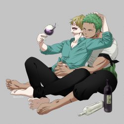 Rule 34 | 2boys, alcohol, blonde hair, bottle, couple, full body, green hair, hair over one eye, hand on another&#039;s head, hand under clothes, highres, male focus, multiple boys, muscular, one piece, pants, pectorals, pinattsu, roronoa zoro, sanji (one piece), short hair, toned, toned male, undressing another, wine, yaoi