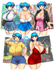 Rule 34 | 1girl, absurdres, blue hair, blunt bangs, breasts, cleavage, costume chart, dress, erkaz, hand on own hip, highres, huge breasts, miniskirt, original, red dress, red eyes, rina atherina, short dress, short hair, skirt, thighhighs