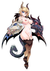 Rule 34 | 1girl, animal ears, animal hands, asymmetrical horns, blonde hair, blue eyes, breasts, chimera, chimera (monster girl encyclopedia), claws, dapper-cat, dragon horns, full body, goat horns, heterochromia, highres, hooves, horns, large breasts, lion ears, monster girl, monster girl encyclopedia, monster girl encyclopedia ii, navel, nipples, nude, pussy, red eyes, short hair, signature, simple background, snake head tail, snake tail, solo, tail, uncensored, white background, wings
