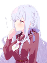 Rule 34 | 1girl, arm at side, assault lily, belt, belt buckle, blunt bangs, blurry, blush, braid, breasts, brown sailor collar, buckle, commentary, depth of field, grey hair, hair ribbon, hand to own mouth, hand up, high-waist skirt, jewelry, kanba girls high school uniform, kon kanaho, long hair, long sleeves, looking away, medium breasts, naridon, necktie, parted lips, profile, purple ribbon, red belt, red shirt, red skirt, ribbon, ring, sailor collar, school uniform, serafuku, shirt, short necktie, side braid, sidelocks, simple background, skirt, solo, upper body, very long hair, wavy hair, white background, white necktie, yellow eyes