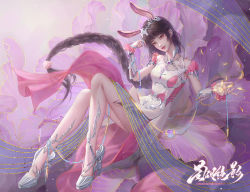 Rule 34 | 1girl, animal ears, bare legs, beads, braid, braided ponytail, breasts, brown hair, closed mouth, douluo dalu, dress, falling petals, flower, full body, hair ornament, head tilt, high heels, highres, long hair, medium breasts, petals, pink dress, ponytail, rabbit ears, sitting, solo, xiang chenshui yu milu shenlin, xiao wu (douluo dalu)
