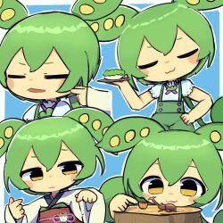 Rule 34 | 1girl, 1other, :3, beetle, bug, cheek pull, closed eyes, commentary request, cosplay, green hair, green suspenders, hand on own hip, hands up, highres, holding, holding plate, insect, japanese clothes, konohoshi, looking at animal, multiple views, obi, plate, pointing, rhinoceros beetle, sash, shirt, short sleeves, touhoku kiritan, touhoku kiritan (cosplay), tree stump, voicevox, white shirt, wide sleeves, yellow eyes, zunda mochi, zundamon