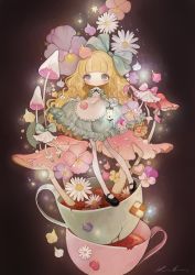 Rule 34 | 1girl, apron, black footwear, blonde hair, blue dress, blue eyes, blue ribbon, blunt bangs, blush, bright pupils, broken cup, chamomile, checkerboard cookie, cookie, cup, daisy, dress, expressionless, flower, food, frilled dress, frills, gloves, gradient background, hair ribbon, highres, holding, lantern, lolita fashion, long hair, long legs, looking at viewer, mary janes, mushroom, original, pantyhose, petals, puffy short sleeves, puffy sleeves, ribbon, shirosaki london, shoes, short sleeves, signature, skirt hold, solo, teacup, violet (flower), wavy hair, white gloves, white pantyhose, white pupils