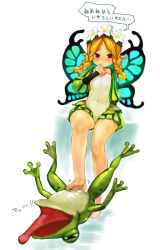 Rule 34 | 1girl, bad id, bad pixiv id, barefoot, bestiality, blonde hair, covered erect nipples, fairy, feet, flat chest, footjob, frog, highres, interspecies, mercedes (odin sphere), odin sphere, oohara kyuutarou, penis, red eyes, see-through, shoes, single shoe, solo, text focus, translated, wings