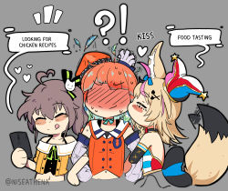 Rule 34 | !, !?, 3girls, = =, ^ ^, ahoge, animal ears, aqua neckwear, artist request, bare shoulders, blonde hair, blush, blush stickers, bow, brown hair, cellphone, chibi, closed eyes, detached sleeves, english text, feathers, fox ears, fox girl, fox tail, grey background, hat, headwear request, heart, heart ahoge, highres, holding, holding phone, hololive, hololive english, hot, kiss, kissing cheek, looking at object, looking at phone, multiple girls, natsuiro matsuri, natsuiro matsuri (1st costume), navel, nervous, nervous sweating, off-shoulder shirt, off shoulder, omaru polka, omaru polka (1st costume), phone, ponytail, ribbon, scared, shaded face, shirt, side ponytail, smartphone, smile, speech bubble, surprised, sweat, tail, tail bow, tail ornament, tail wagging, takanashi kiara, takanashi kiara (1st costume), trembling, twitter username, virtual youtuber, watermark